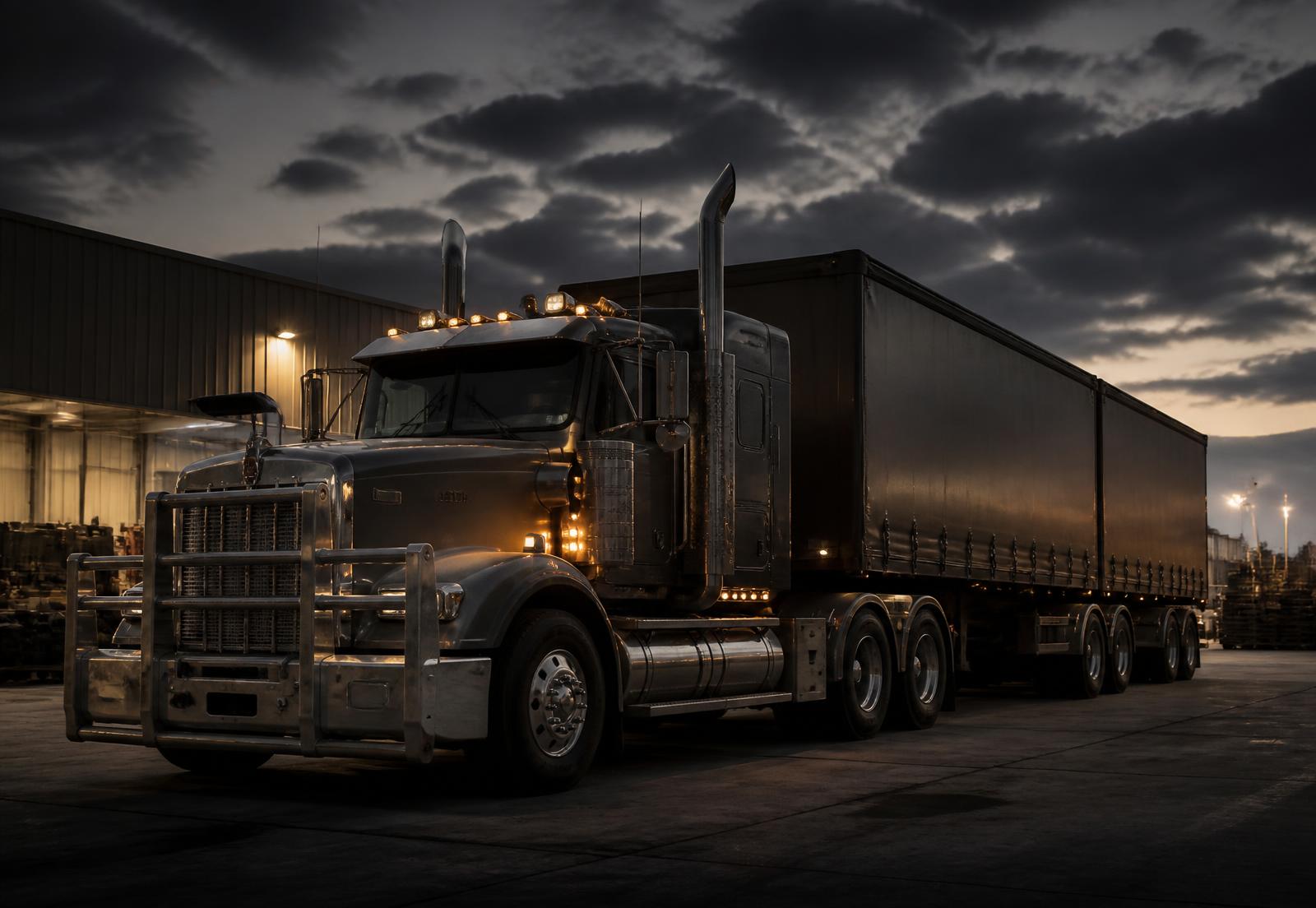 Prime mover and trailer parked in an Australian transport depot at dusk